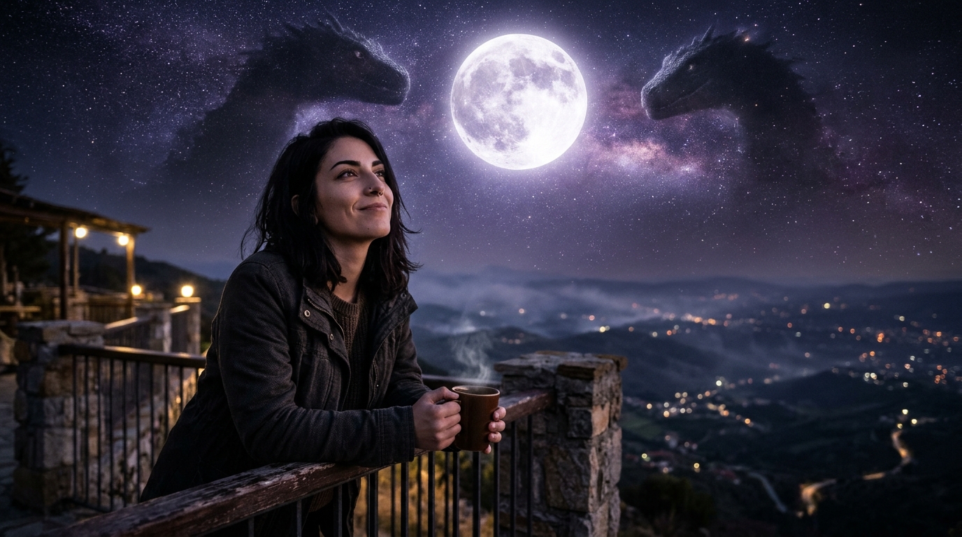 Marianna na varanda contemplando a Lua e os Irmãos Escamosos